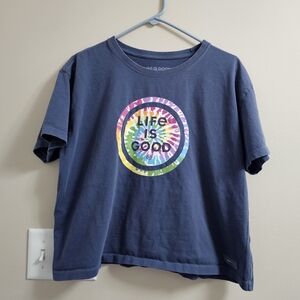 Life is Good Women’s Navy Blue Tie-Dye Circle Logo Cropped Crusher Tee - Large